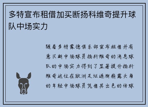 多特宣布租借加买断扬科维奇提升球队中场实力