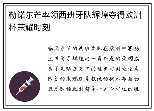 勒诺尔芒率领西班牙队辉煌夺得欧洲杯荣耀时刻